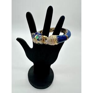 Vintage Unsigned PANTHER Hinge Bracelet Enamel & Green Rhinestone Cabochon Eyes